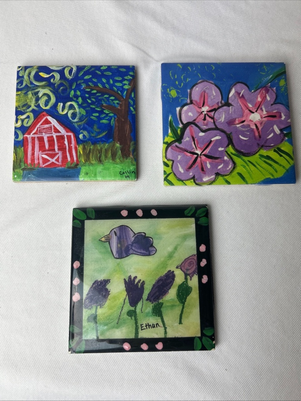 3Pcs Ceramic Tile Art Trivet Coaster Handpainted Artisan Whimsy Decor 4x4